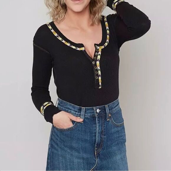 Free People We The Free Womens Embroidered Thermal Henley Shirt Black Size S - Picture 1 of 8